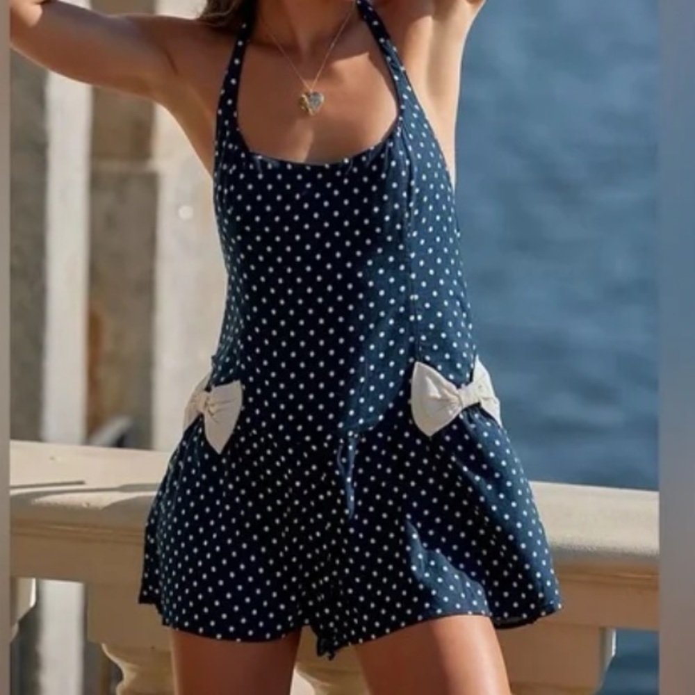 Free People Polka Dot Halter Romper M/L Navy White Bow Detail